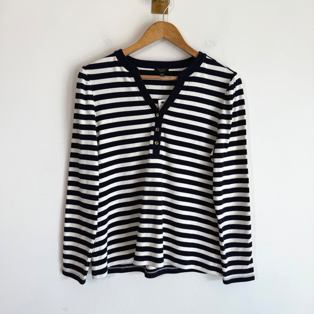NWT Talbots Henley Top Plus Petite 1X Navy White Breton Stripe Coastal Old Money